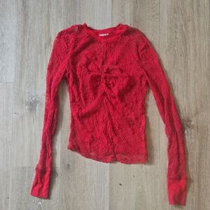 Free People Vibrant Red Lace Long Sleeve Top